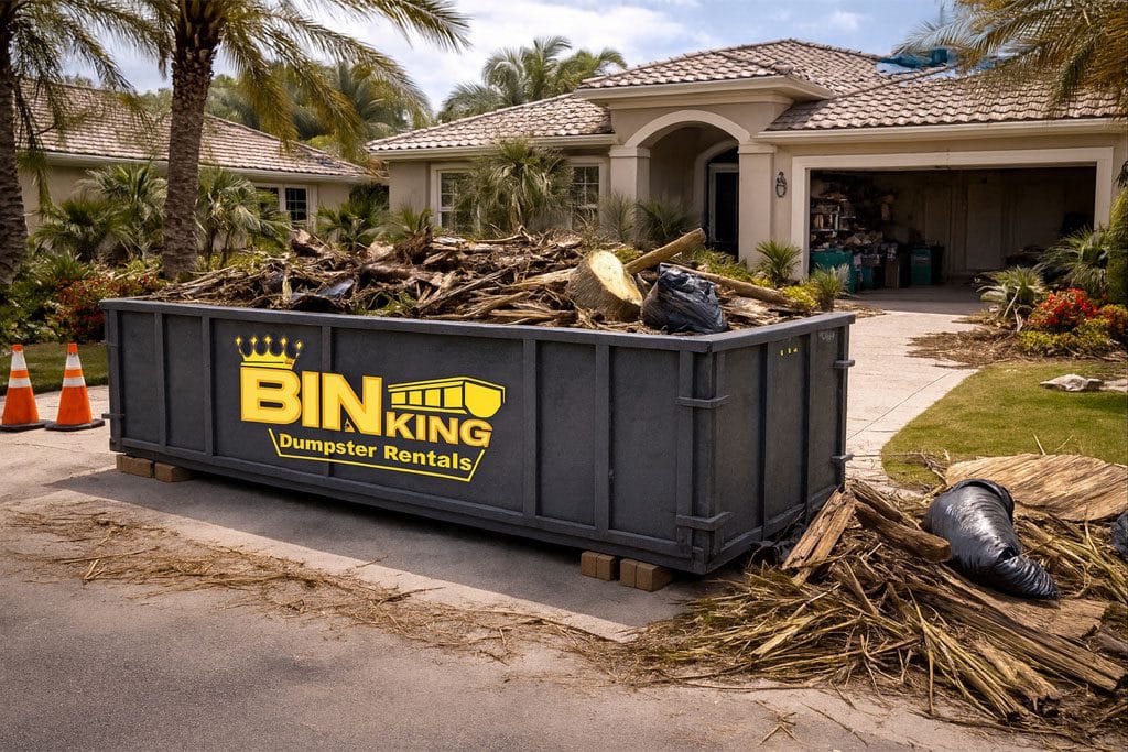 Bin King dumpster loaded with yard debris and renovation waste, placed in front of a home during a residential cleanout project.