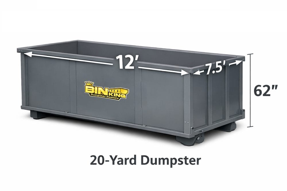 20-yard Bin King dumpster measuring 12 feet long and 7.5 feet wide, ideal for large home projects and renovations.