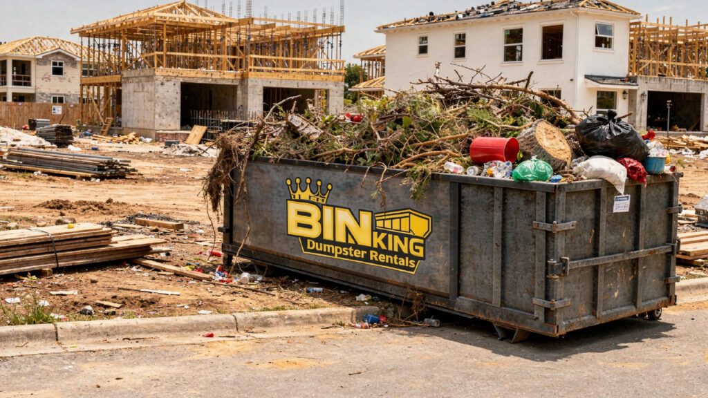 An overflowing Bin King dumpster filled with yard waste, tree branches, and trash sits at a busy construction site in Clearwater, surrounded by materials and partially built homes.
