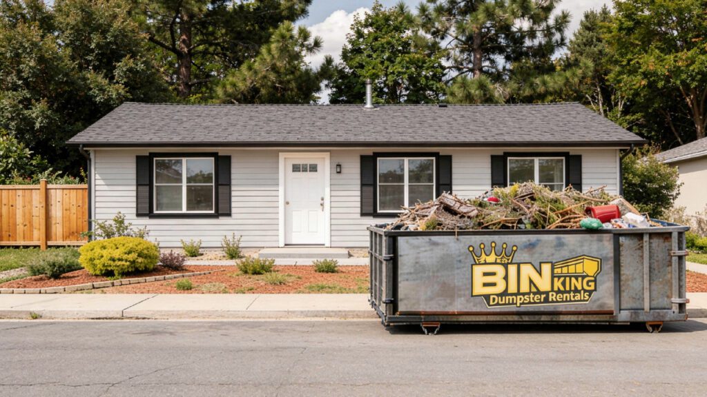 Example of overfilling a dumpster with debris rising above the container’s top edge outside a small Clearwater home during a cleanout project.