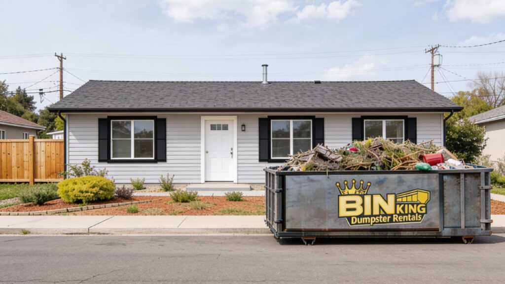 A full Bin King dumpster placed outside a clean residential home during spring, representing high-demand cleanup periods when early dumpster booking is essential.