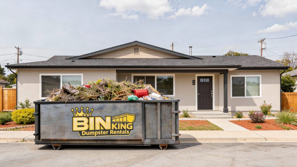 Illustration showing how to properly load a dumpster to avoid extra charges, with heavy materials like concrete at the bottom and lighter junk on top — reinforcing what can you put in a dumpster rental under Clearwater weight rules.