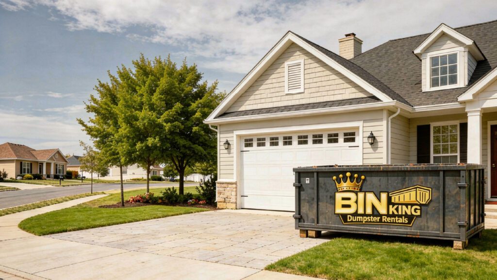 Bin King dumpster placed neatly in front of a suburban Clearwater home, illustrating proper size selection for residential cleanup or renovation projects.