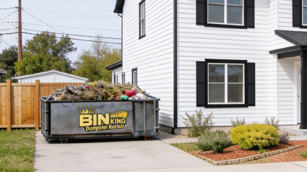 A residential dumpster placed in a driveway outside a modern home, filled with mixed household and yard debris during a cleanout project.