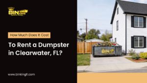 Thumbnail image showing a Bin King dumpster placed in a residential driveway in Clearwater, FL, illustrating local dumpster rental prices and typical setup for homeowners.