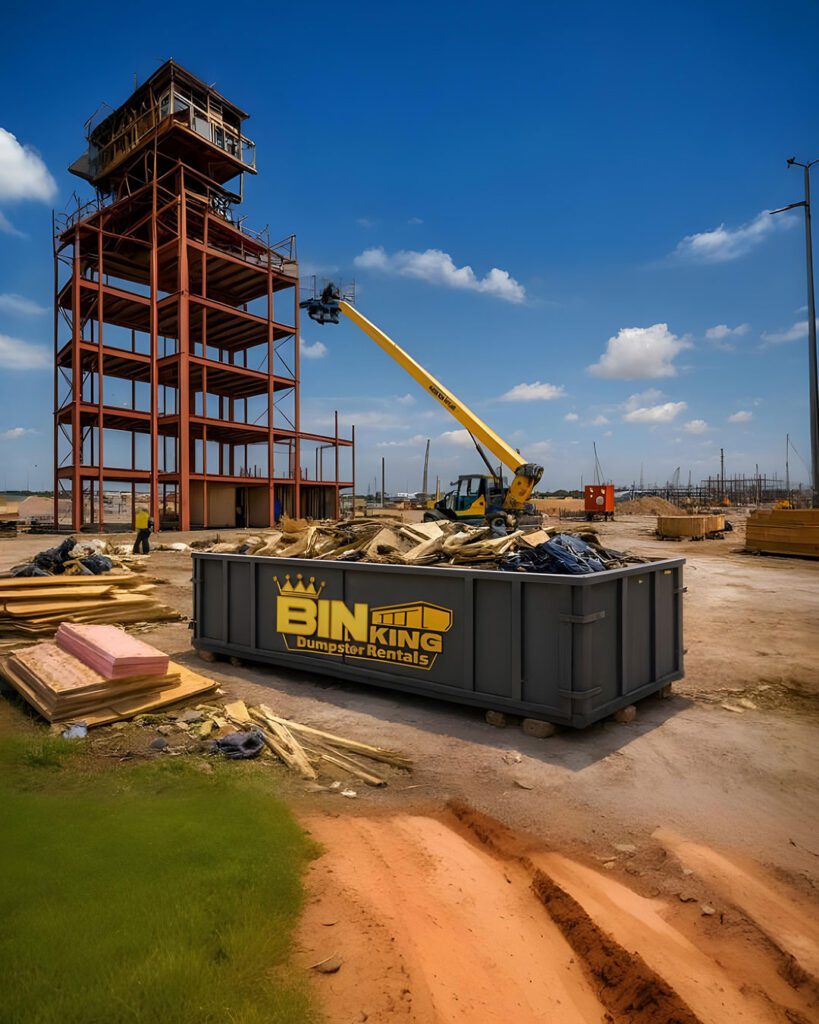 arge Bin King dumpster at an active construction site, perfect for debris, concrete, drywall, and contractor job site waste.