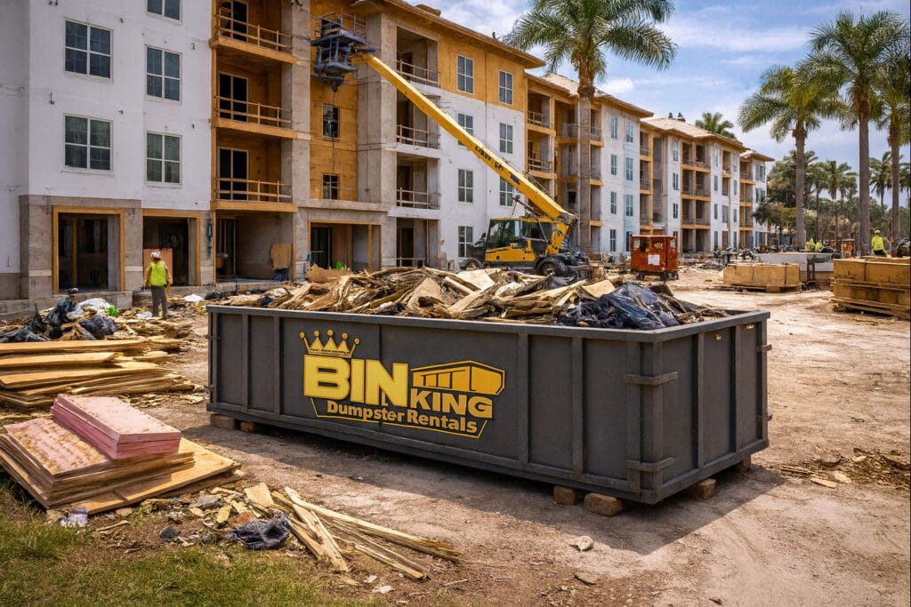 Bin King dumpster at a building site surrounded by scaffolding and construction work