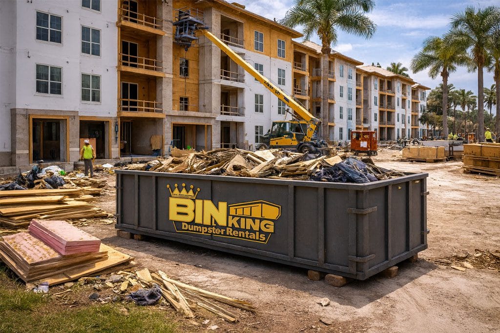 Bin King dumpster placed on a dirt lot near new residential buildings under construction, used for drywall, lumber, and job site waste.