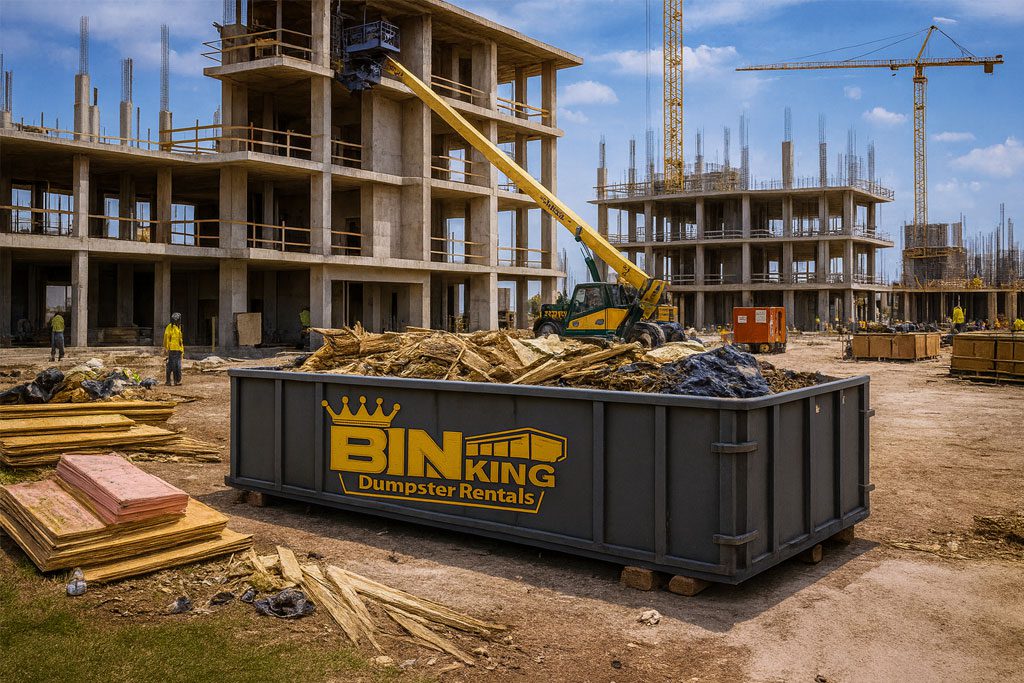 Bin King dumpster on a large commercial build site with scaffolding and cranes, collecting debris from demolition and structural work.