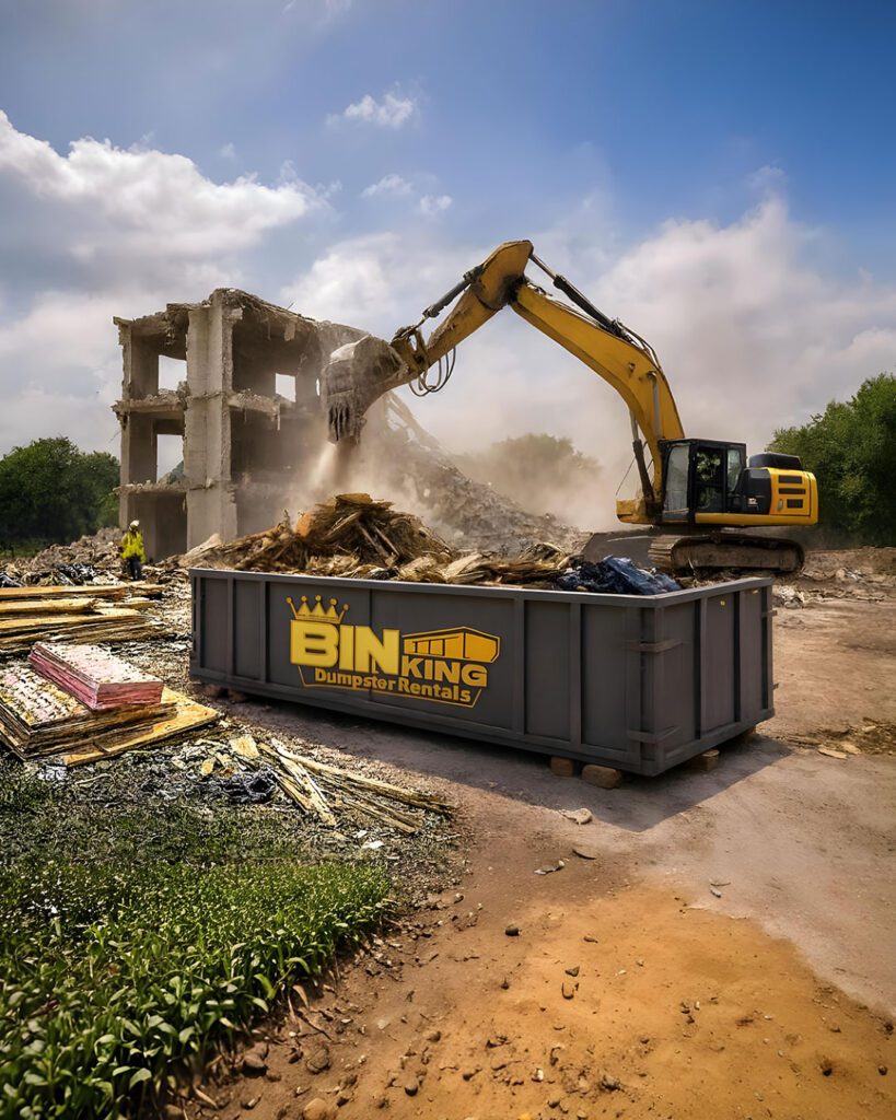 in King dumpster collecting debris as an excavator tears down a structure, showing use in residential and commercial demolition jobs.