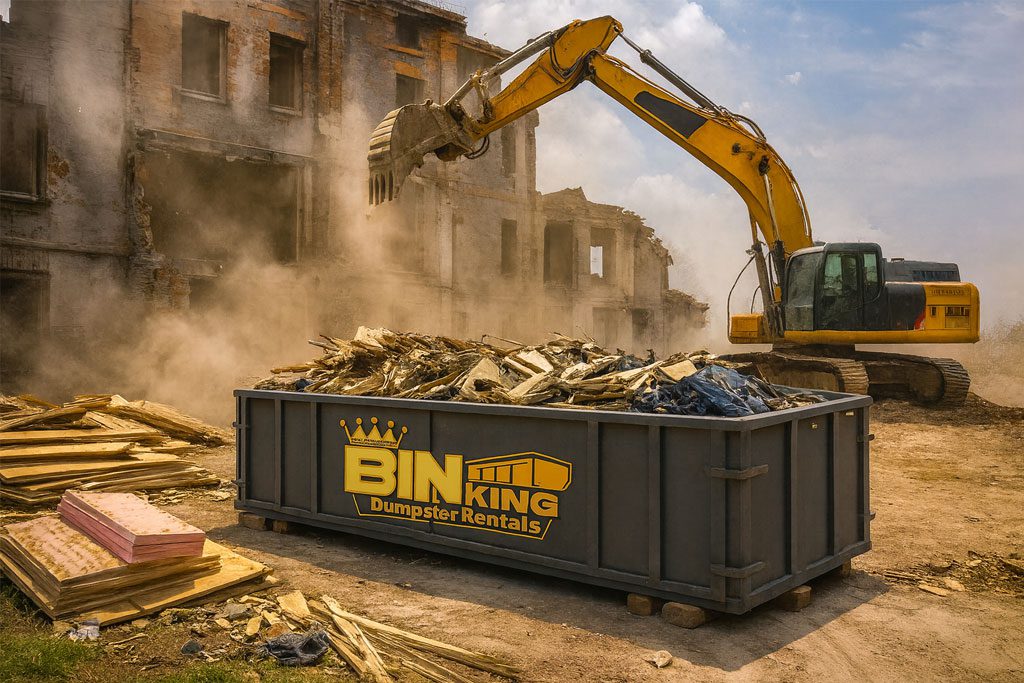 Excavator tearing down a structure while a Bin King dumpster collects rubble, showcasing real-time demolition waste management.