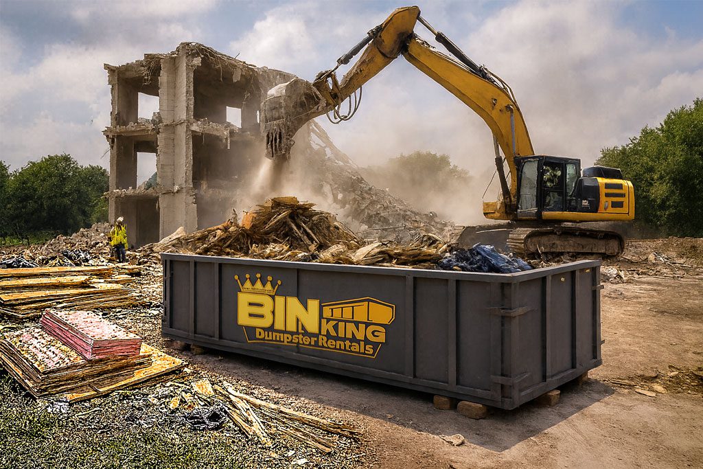 Dumpster on a cleared job site mid-demolition, used for hauling away large debris including bricks, wood, and drywall.