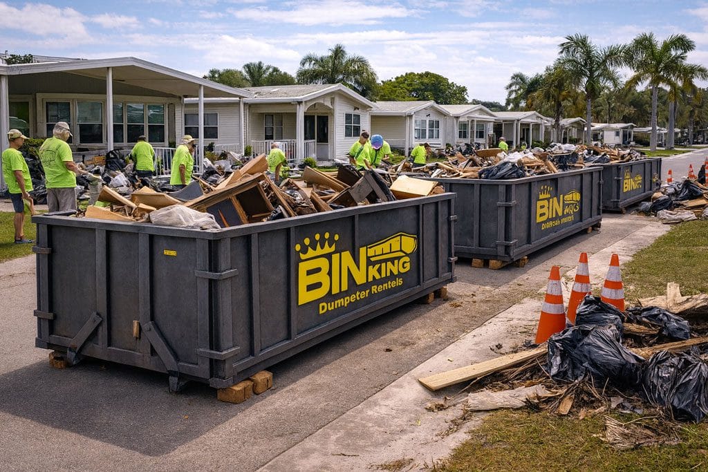 Bin King dumpsters lined up on a residential street with workers removing junk and debris during a cleanout project, demonstrating how the service works.