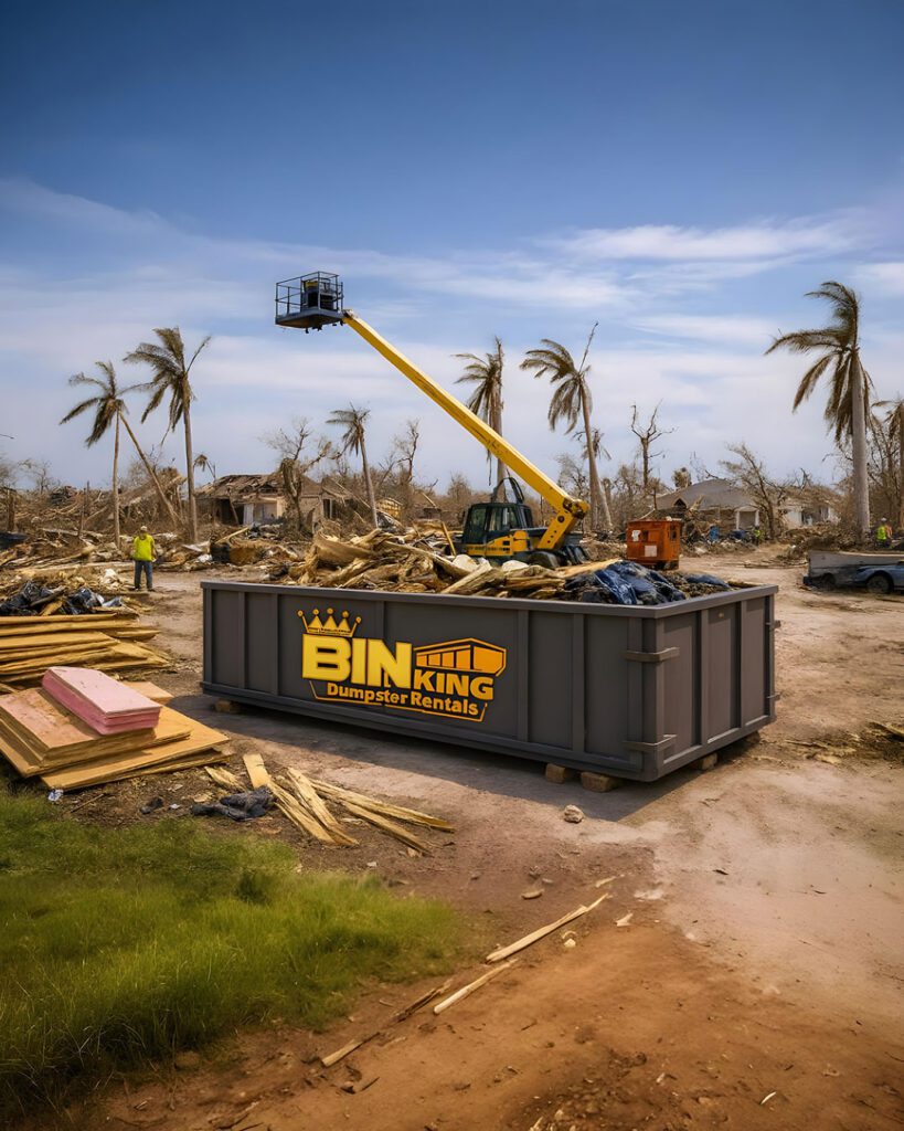Bin King dumpster at a storm-damaged property, used for debris removal after hurricanes, floods, and other disasters in Clearwater.
