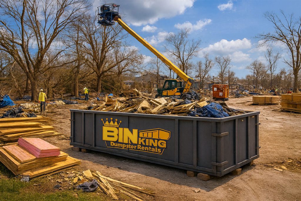 Bin King dumpster filled with broken wood and storm waste, used after hurricane damage in residential neighborhoods.