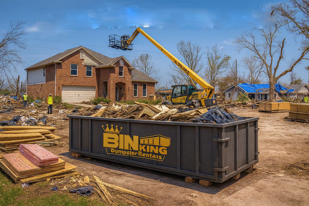 Dumpster at a damaged home post-storm, loaded with broken materials, roofing, and debris from flood or wind damage.