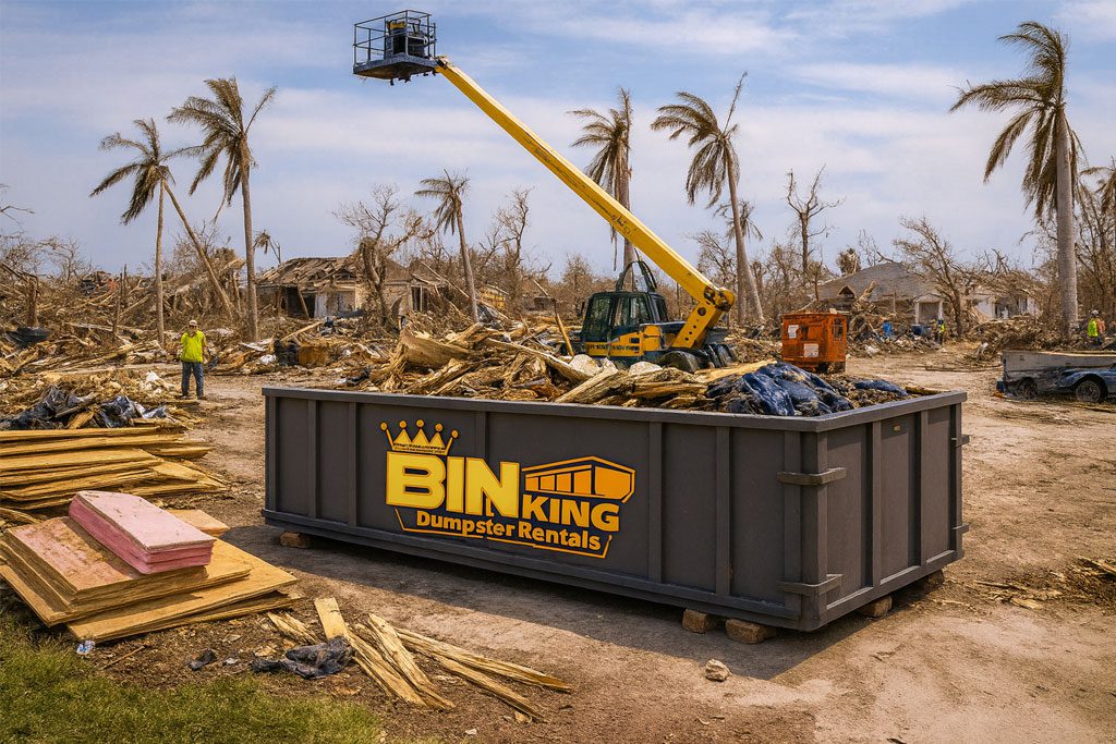Bin King dumpster beside downed palm trees and debris piles, used for disaster recovery and urgent cleanup efforts.