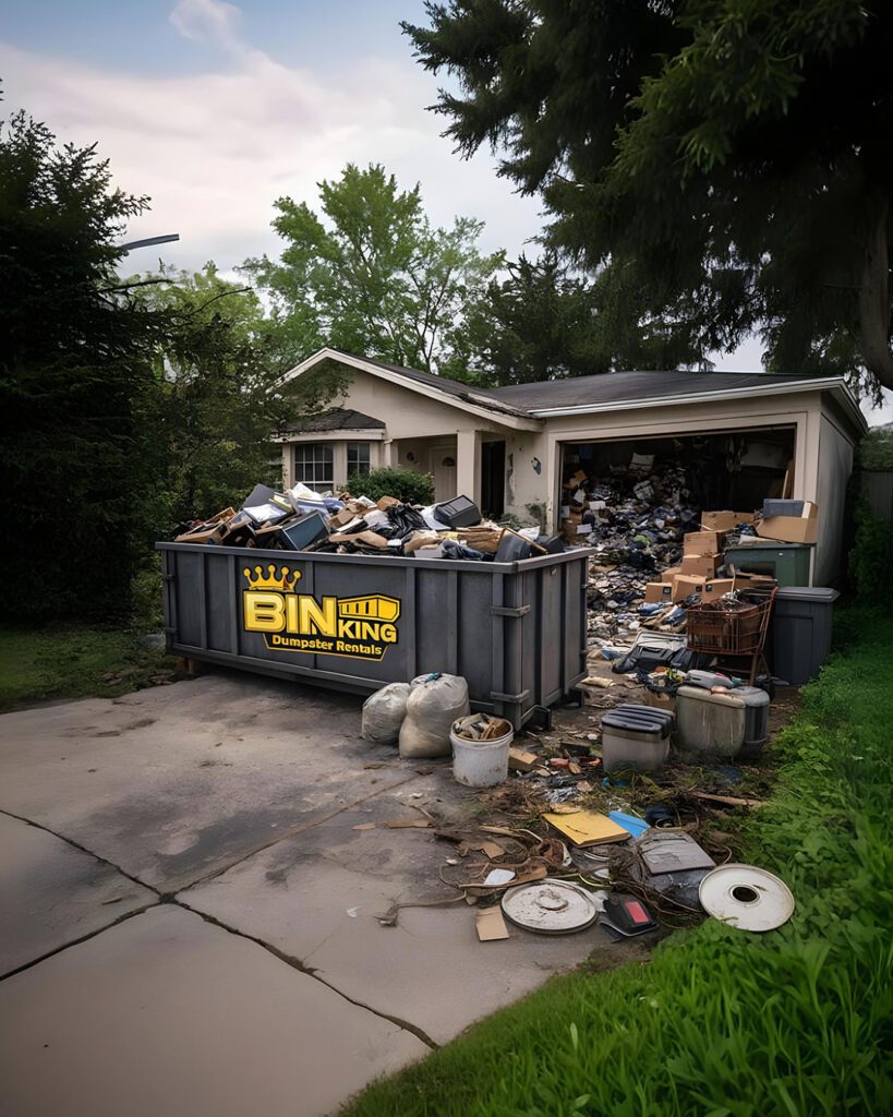 Overflowing Bin King dumpster at a cluttered property, used for furniture, appliance removal, and full estate cleanouts.