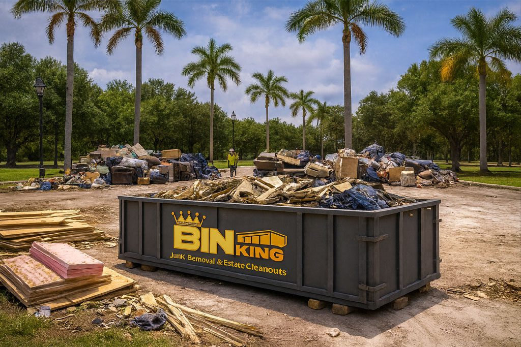 Bin King dumpster filled with wood scraps and trash beside palm trees, showcasing outdoor junk removal and cleanup services.
