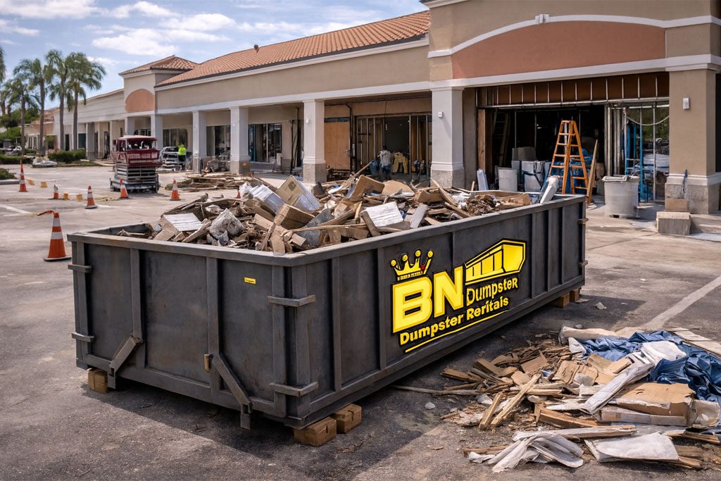 Bin King dumpster in front of a retail plaza, loaded with demolition debris, illustrating estate and junk removal after business closures or renovations.