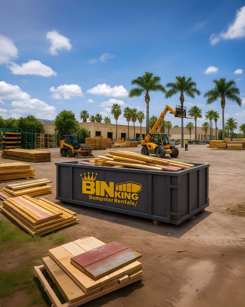 Bin King dumpster next to a construction zone with mulch and lumber, representing bulk material delivery to driveways or job sites.