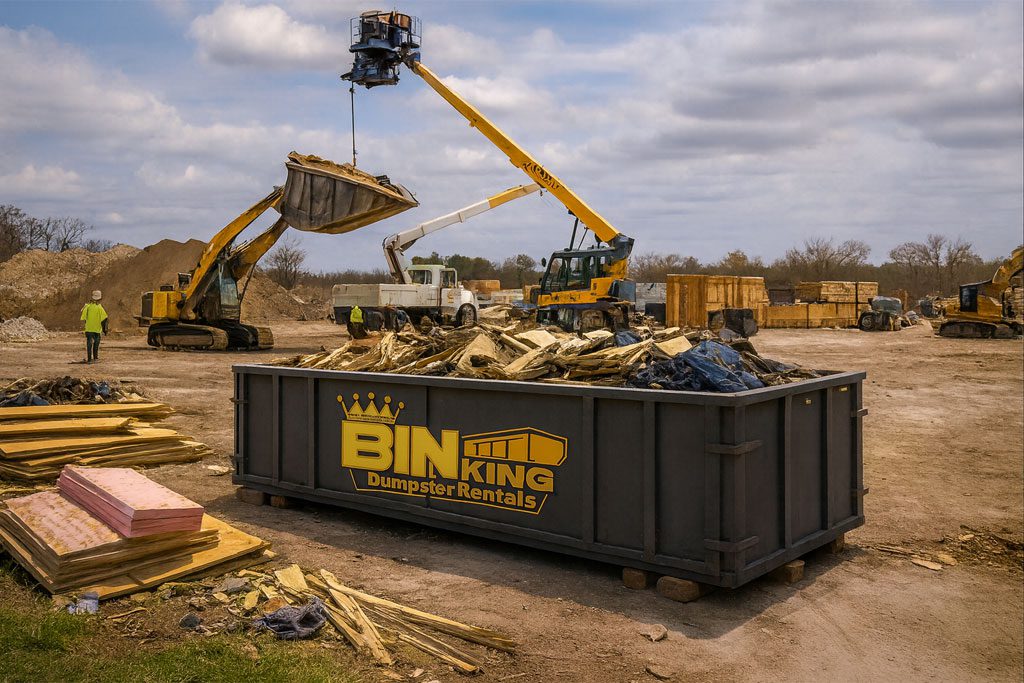 Bin King dumpster receiving a load of mulch on a construction lot, showing material delivery for landscaping or contractor use.