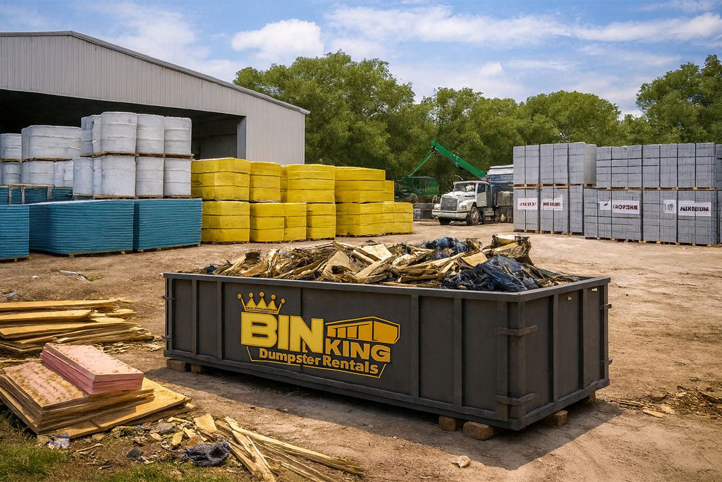 Dumpster placed beside organized material stacks, used for delivering bulk supplies like stone, soil, or gravel.