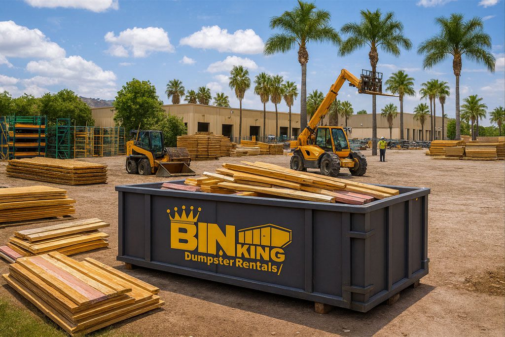 Bin King dumpster positioned for easy access at a job site, surrounded by lumber, showing efficient material delivery service.