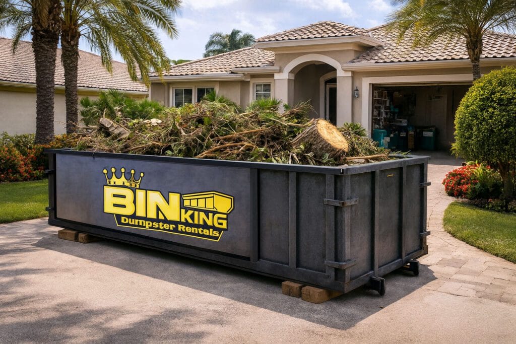 Black dumpster placed in front of a residential home with a Bin King logo