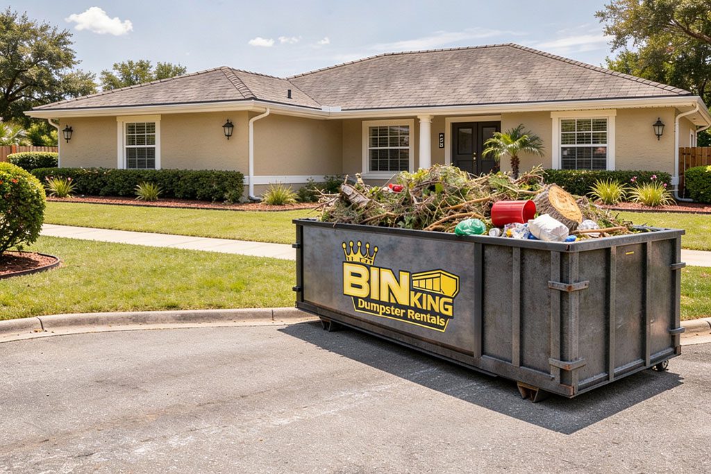 Bin King dumpster on a clean residential driveway with trimmed hedges, showing use for light renovation or yard work.