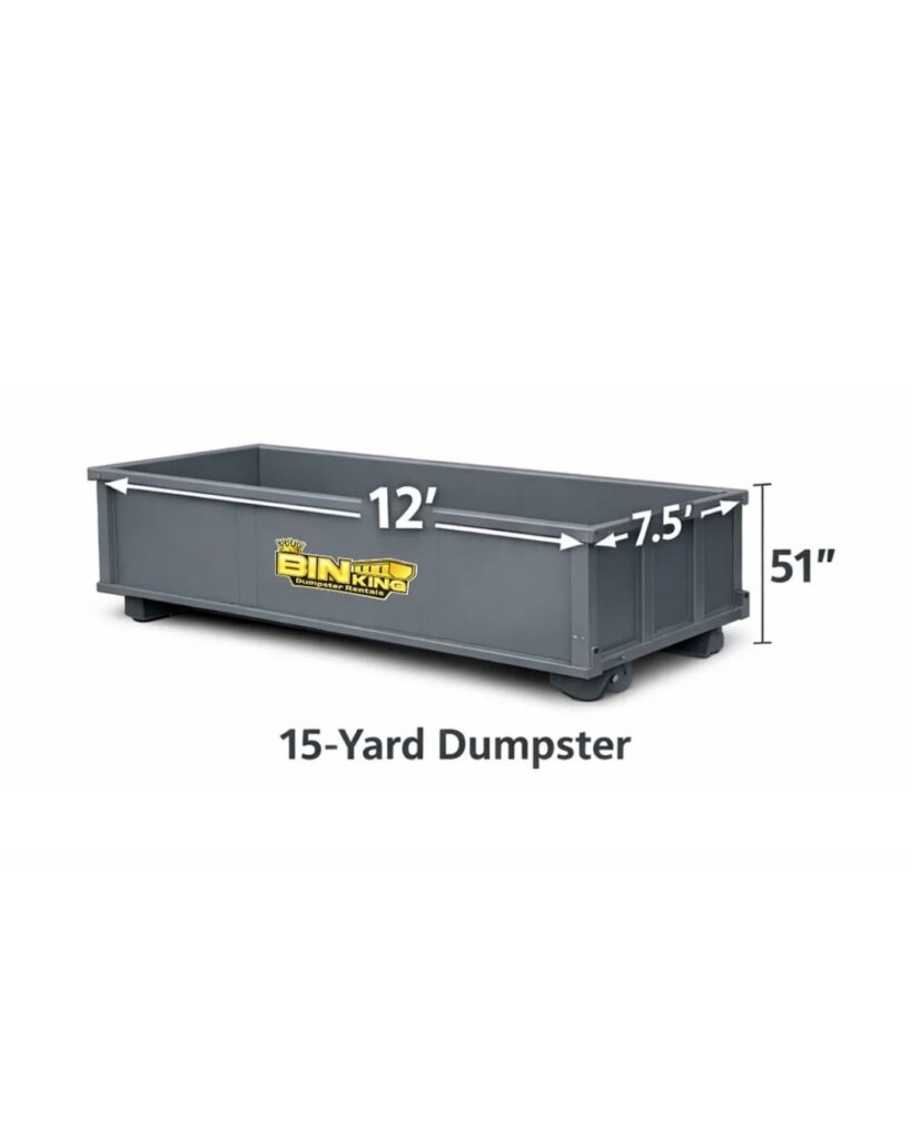 Medium Bin King 15-yard dumpster placed at a job site, perfect for kitchen remodels, attic cleanouts, and moderate construction debris.