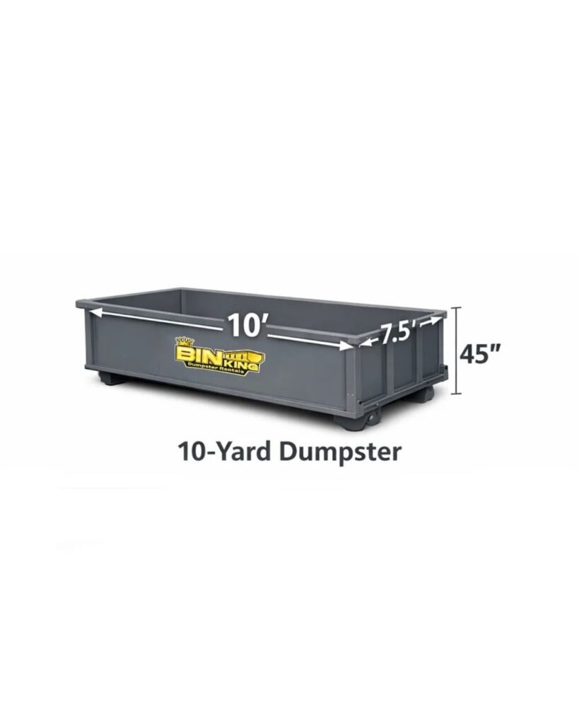 Smaller Bin King 10-yard dumpster on a driveway, ideal for garage cleanouts, yard waste, and light debris removal projects in Clearwater.